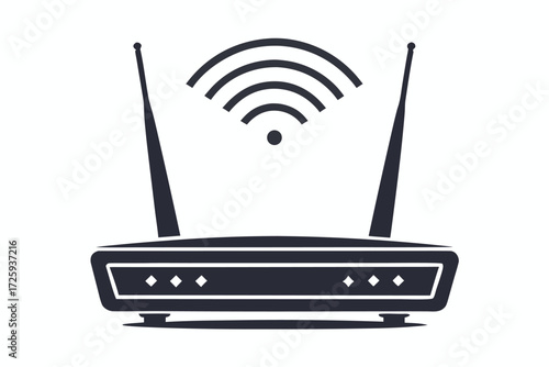 Stylized monochrome router icon shows wireless signal broadcasting strongly with a sleek design