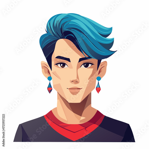 Vector illustration of a stylish young man with vibrant blue hair and modern earrings, representing individuality and contemporary fashion