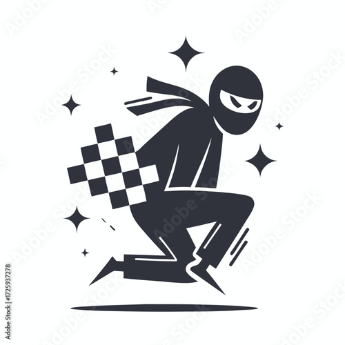 Stylized ninja in motion showcases agility with checkered element and star accentuation