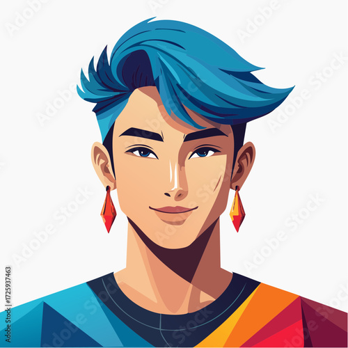 A vibrant digital illustration of a stylish young person with striking blue hair and colorful geometric clothing, representing modern youth, individuality, and pride