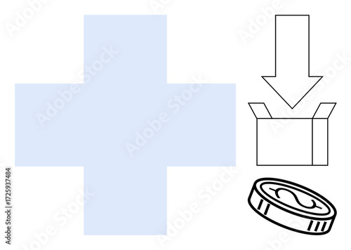 Blue cross alongside a box, arrow, and coin represents funding healthcare services or medical donations. Ideal for healthcare, charity, funding, insurance, aid, contribution medical budget concepts