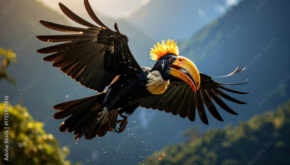 Obraz premium Majestic helmeted hornbill soars gracefully against a picturesque mountain backdrop