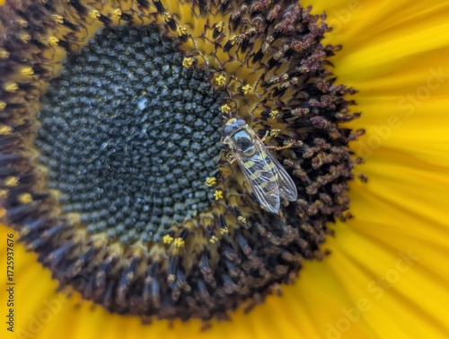A closeup of a Eupeodes hoverfly resting near the centre of a  common sunflower.