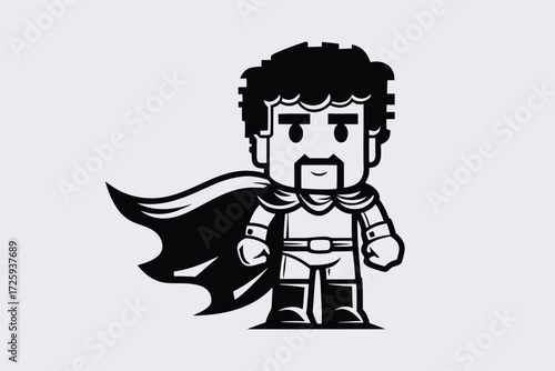 Stylized superhero character with cape and confident expression stands in a graphic, simple pose