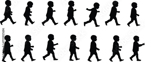 Silhouette child walking, toddler movement, kid learning to walk, childhood development, early steps, playful innocence, growth journey illustration