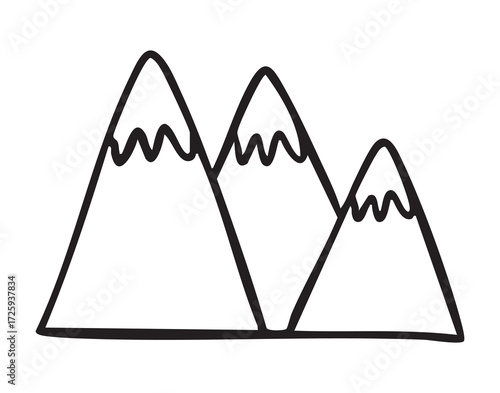 three snowy mountain peaks. monochrome line art, monochrome line art, clean outline, hand drawn, monochrome line art doodle hand drawn cartoon icon element