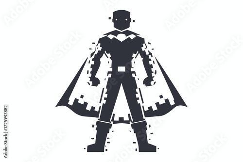 Stylized superhero silhouette boldly stands, showcasing a pixelated design on his distinctive cape