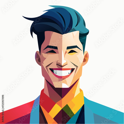 Vibrant polygonal portrait of a handsome young man with a wide, cheerful smile, showcasing confidence and happiness in a modern, stylized design