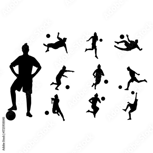 A collection of dynamic black silhouettes of male and female soccer players in various action poses, such as kicking, catching, and running with a ball.