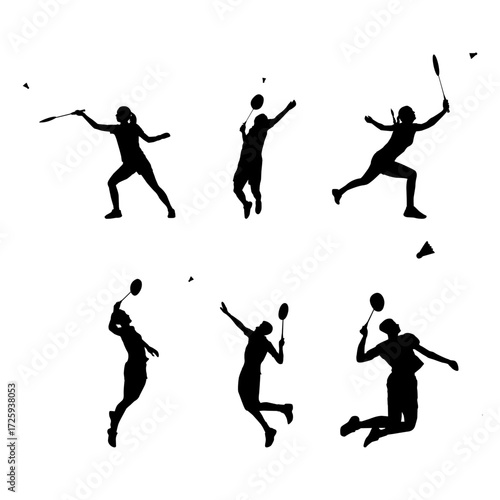 Six black silhouettes of badminton players in various action poses against a white background.