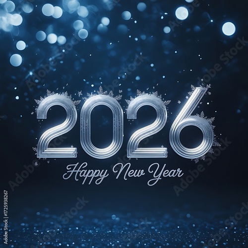  A sparkling 2026 happy new year greeting card featuring a silver design against a dark blue bokeh background image design