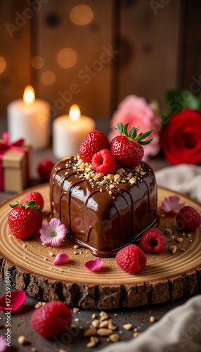 Chocolate cake with raspberries and flowers on wooden board  