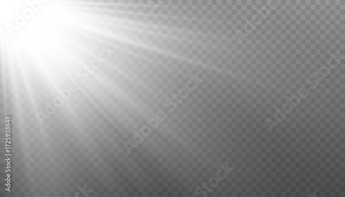 Sunlight flare overlay with light rays on transparent background. White sunlight