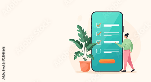 Interactive digital checklist on a smartphone screen with a person interacting with the interface and a potted plant illustration providing a touch of nature to the modern technology concept