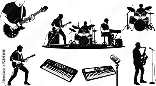 Music, band, silhouette, guitarist, drummer, keyboardist, saxophone, microphone, instruments, performance, concert, stage, rhythm, sound, energy