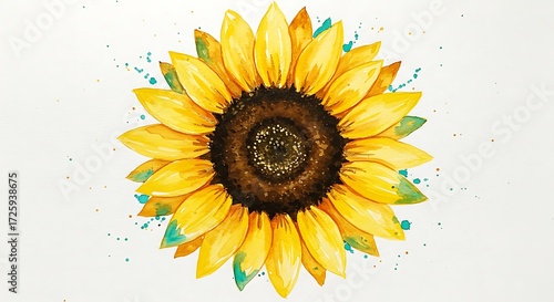 Vibrant watercolor painting of a bright yellow sunflower with teal splatter accents, expressive botanical art for summer themes, nature decor, and artistic floral illustrations on white background.