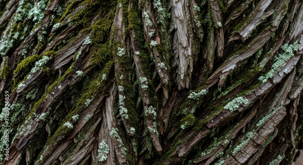 Fototapeta premium Detail of textured tree bark featuring intricate patterns and mossy growths, revealing the natural