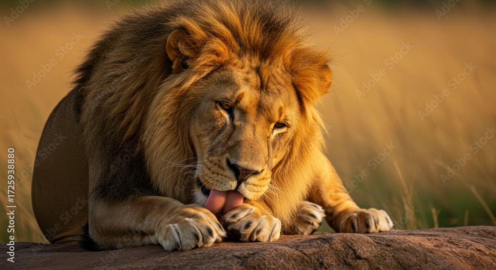 Fototapeta premium Majestic Lion Grooming, A Portrait of Feline Grace and Wilderness