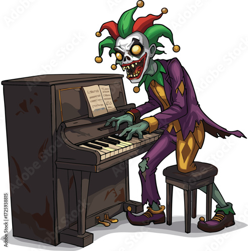 jester, piano, zombie, cartoon, horror, creepy, undead, musician, clown, purple suit, green gloves, Halloween, scary, grotesque, comic, sheet music, claw, spooky, illustration, eerie