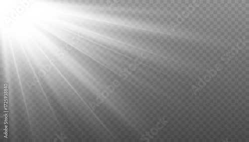 Sunlight flare overlay with light rays on transparent background. White sunlight