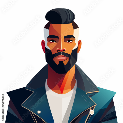 Vector art portrait of a handsome and stylish man with a trendy undercut haircut and full beard, depicted in a modern, geometric style