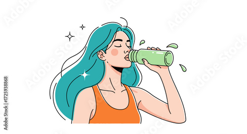 A Vibrant Young Woman with Flowing Teal Hair Enjoys Refreshing Hydration from a Green Water Bottle