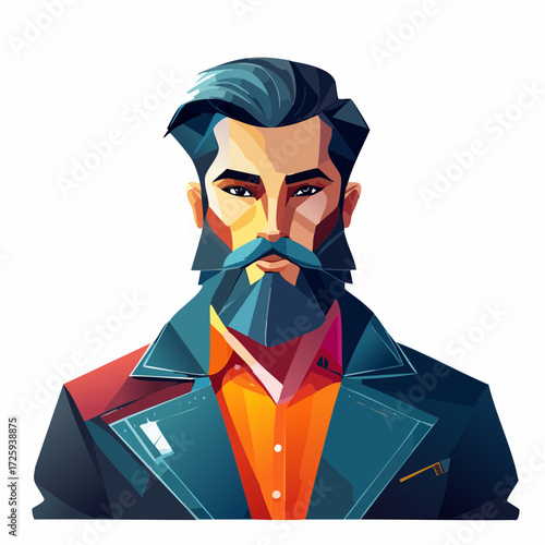 Modern vector illustration of a stylish bearded man. Polygonal art portrait of a handsome male character in a jacket on a white background