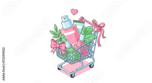 Explore a delightful collection of beauty products organized in a charming shopping cart illustration with decorative bows and fresh greenery perfect for showcasing skincare and cosmetic items