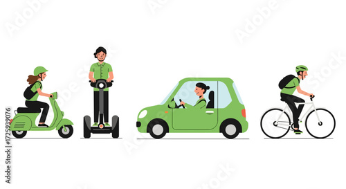 Diverse Urban Transportation Options Illustrated with People Riding Scooters Segways Cars and Bicycles Representing Mobility Solutions