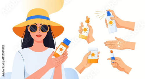 Protecting Your Skin From Harmful Sun Rays With Various Sunscreen Products On A Bright Sunny Day