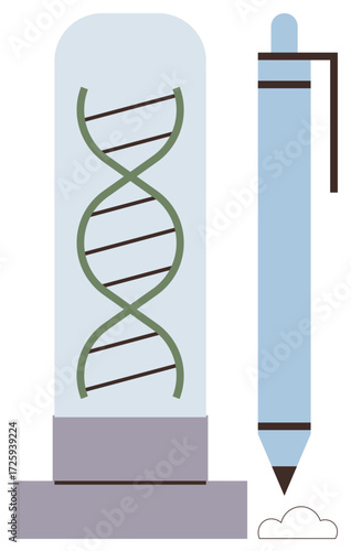 DNA helix in test tube paired with pen emphasizing science, writing, and discovery. Ideal for research, genetics, innovation, documentation, education creativity biotechnology. Clean simple flat