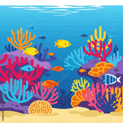 Colorful underwater scene with coral reef and various fish.