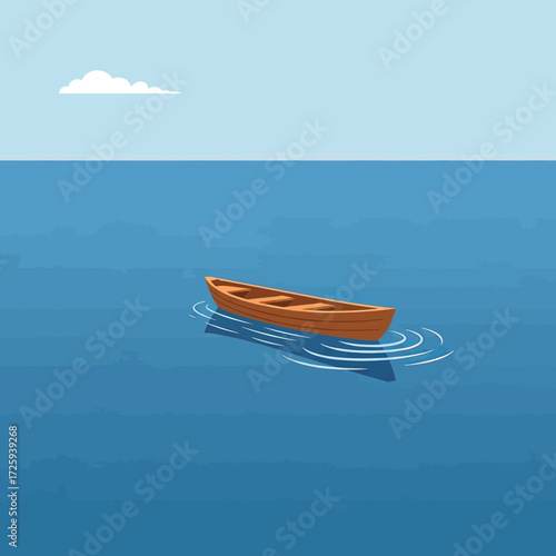 A wooden rowboat floats on a calm body of water under a clear sky.