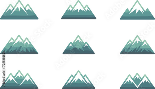 Mountain icon set, stylized peaks, vector illustration, snow-capped mountains, minimalist design, nature symbols, green blue palette, geometric shapes, alpine art