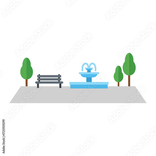 A simple illustration of a park scene featuring a bench and a fountain surrounded by trees.
