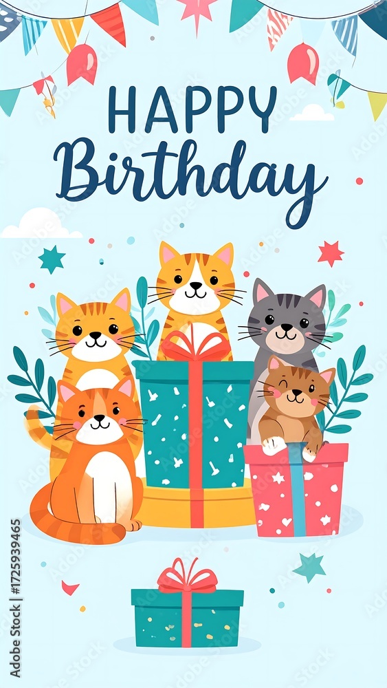 Fototapeta premium Cute cats celebrating birthday with gifts