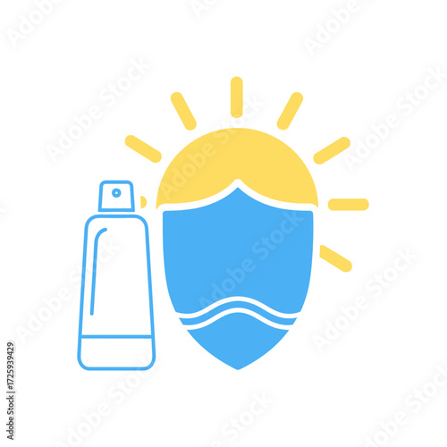 Sun protection concept icon with a sunscreen bottle and a shield guarding against the sun's rays.