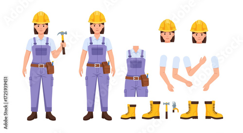 Illustration of a female construction worker with various tools and clothing options in a cartoon style