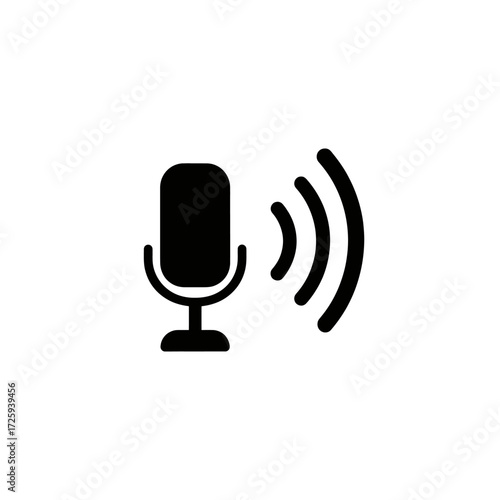 Black microphone icon with sound waves, representing audio recording or voice input.