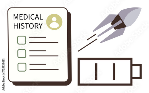 Medical history chart, rocket symbolizing innovation, and battery representing energy renewal. Ideal for healthcare, technology, innovation, progress, patient care, energy and futuristic concepts