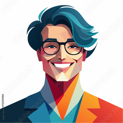 A modern and vibrant geometric portrait illustration of a handsome young man with glasses smiling confidently