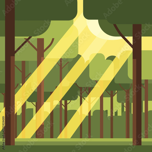 Sunlight streams through the canopy of a lush green forest in a flat vector illustration.