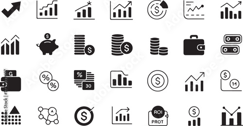 Collection of black and white financial and business icons including charts coins and wallets finance