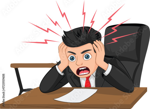 Stressed businessman at office desk holding head in frustration, corporate anxiety illustration, workplace pressure, mental health stress cartoon concept