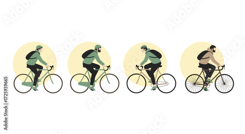 Four Stages of Cycling Illustrated to Show Different Poses and Equipment for Outdoor Biking Adventures