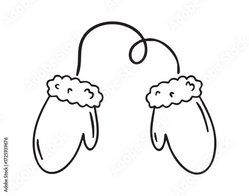 pink mittens with red trim, monochrome line art hand drawn style, monochrome line art doodle hand drawn cartoon icon element