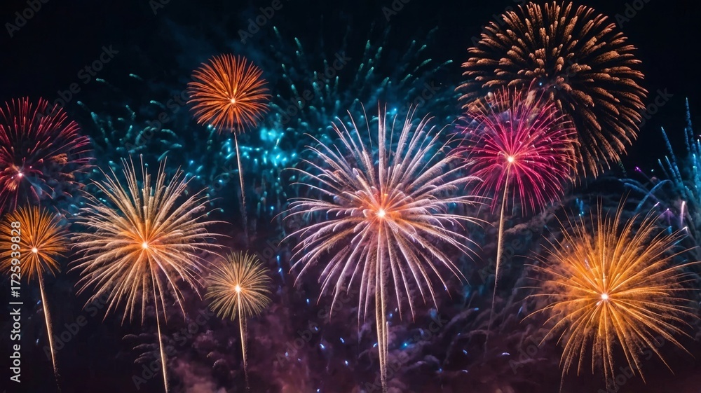 Naklejka premium Colorful fireworks exploding in the night sky celebration 4