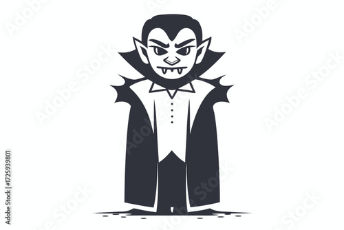 Vampire with pointy fangs and an angry stare wears a cape and formal wear