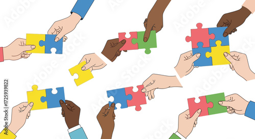 Diverse Hands Collaborating to Assemble Interconnected Puzzle Pieces Representing Unity and Shared Purpose