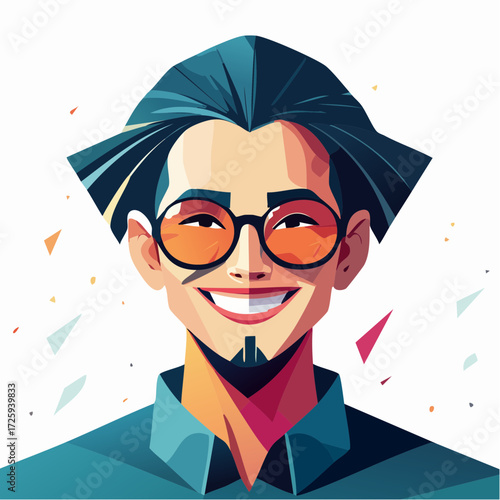 A modern graphic illustration of a joyful man with a wide smile and orange sunglasses, a stylish character avatar exuding confidence and positivity